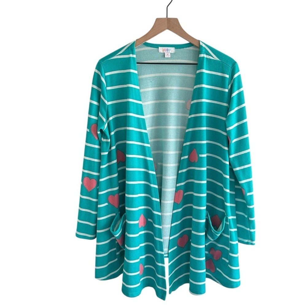 Lularoe Caroline Open Front Sweater Cardigan Size Medium Stripes Hearts Casual